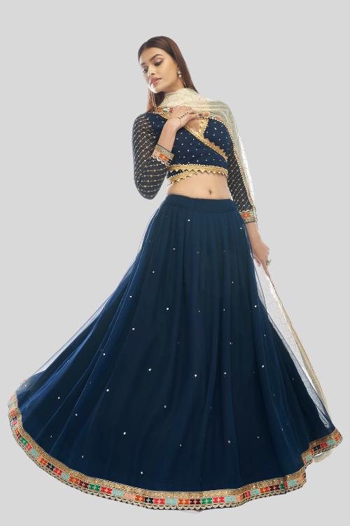 Georgette Overlap Choli Festive Lehenga in Navy Blue