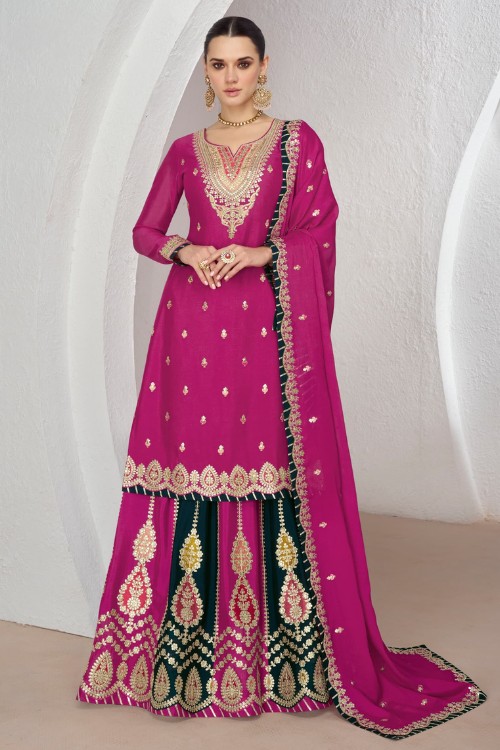 Pink Woman’s Chinon Silk Layered Sequin Lehenga Suit