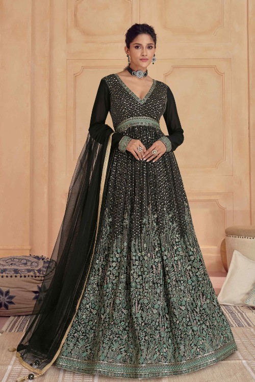 Sequin & Thread Embroidery Wedding Anarkali in Black