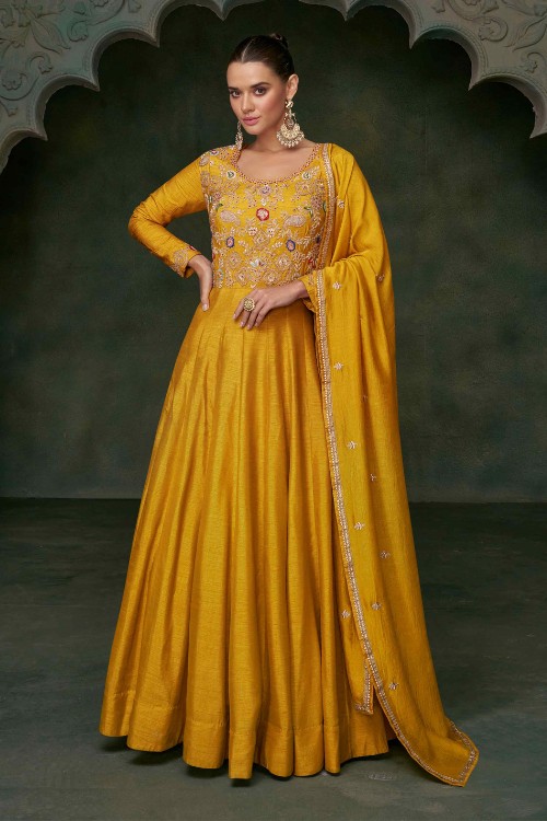 Textured Silk Minimal Handwork Woman Anarkali in Yellow