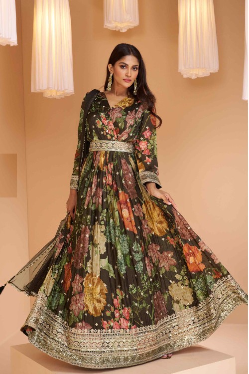 Floral Printed Georgette Flared Anarkali in Dark Brown