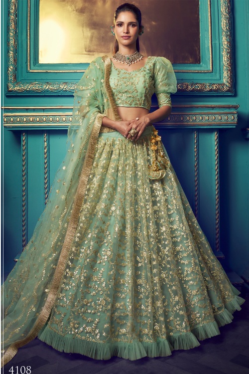 Woman Sequin Embellished Party Net Lehenga Choli in Pista Green