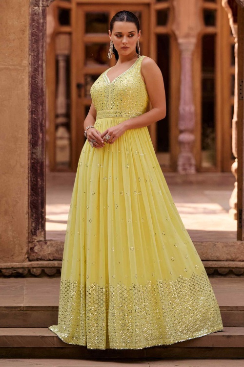 Minimal Sequin & Hand work Anarkali in Lime Yellow