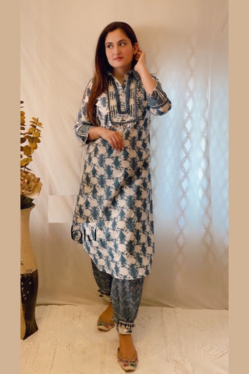 Printed Summer Soft Afghani Pant & Kurti Set in Blue