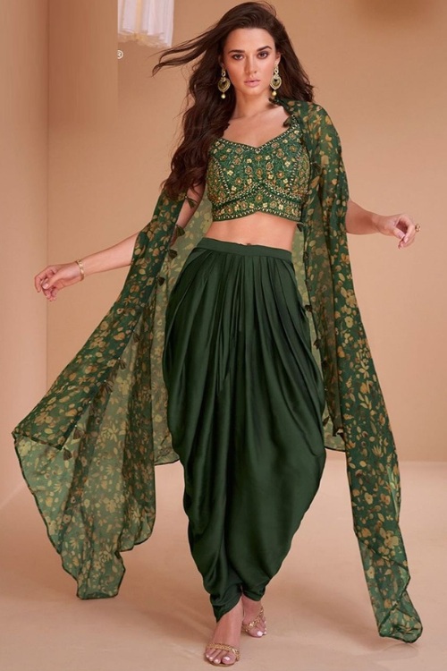 Green Mirror Styled Crop Top & Dhoti Bridesmaid Dress in Green