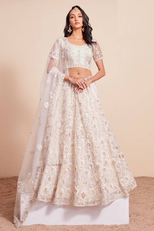 Ivory Floral Motif Net Engagement Woman Lehenga