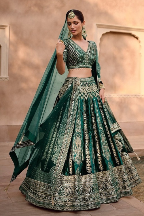 Green Lycra Velvet Wedding Engagement Lehenga Choli