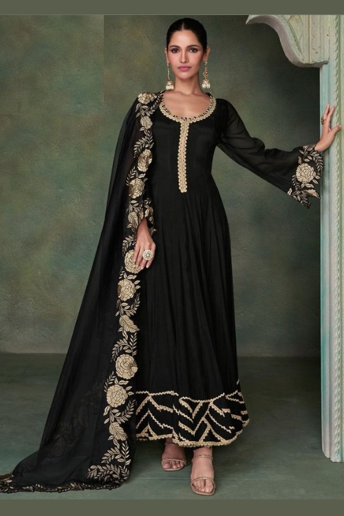 Pure Silk Kalidar Minimal Cutwork Muslim Woman Anarkali in Black