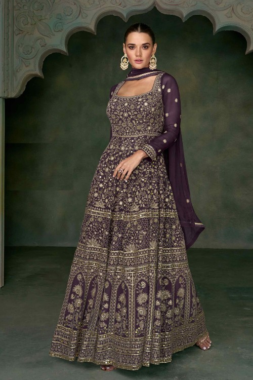 Woman’s Thread Embroidery Wedding Anarkali in Dark Purple