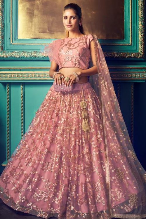 Woman Sequin Embellished Party Net Lehenga Choli in Pink