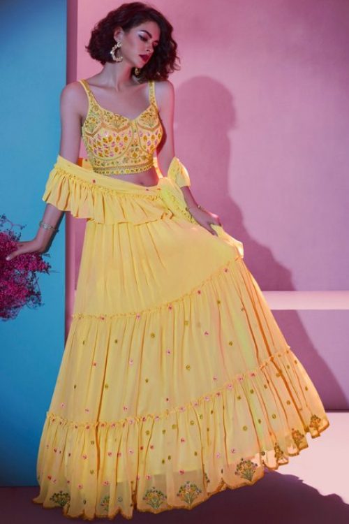 Yellow Layered Tiered Georgette Lehenga Choli