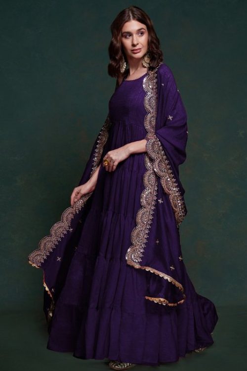 Purple Silk Scalloped Dupatta Anarkali