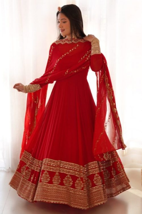 Red Georgette Woman’s Designer Border Anarkali