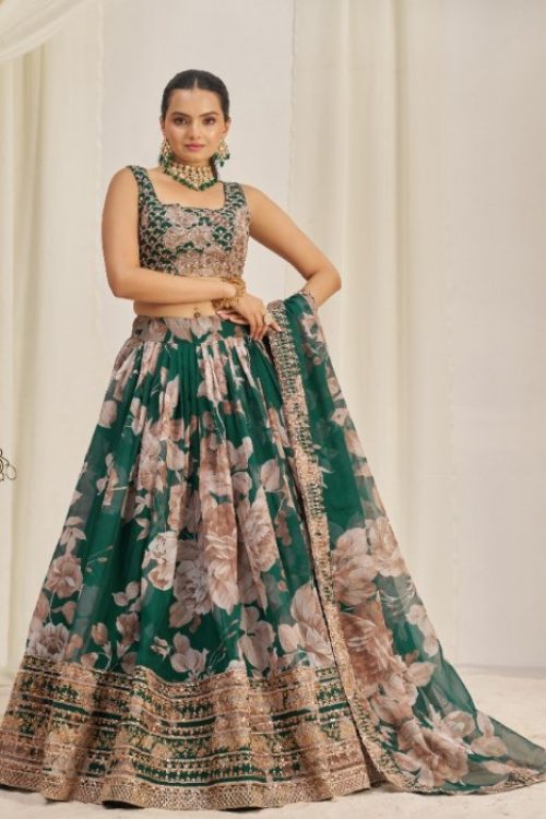 Green Floral Printed Organza Woman Lehenga Choli