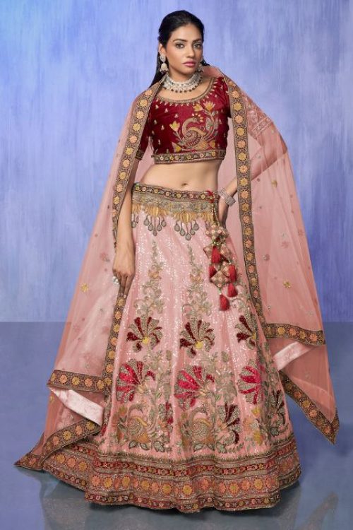 Bridal Pink Embellished Designer Velvet Lehenga Choli