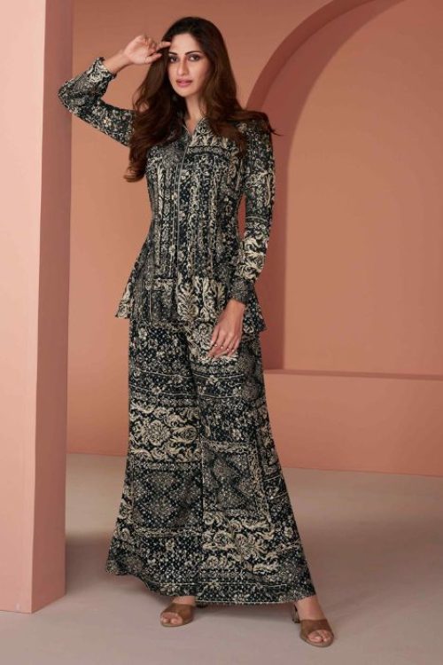 Black Georgette Printed Minimal Sequin Co-ord Set