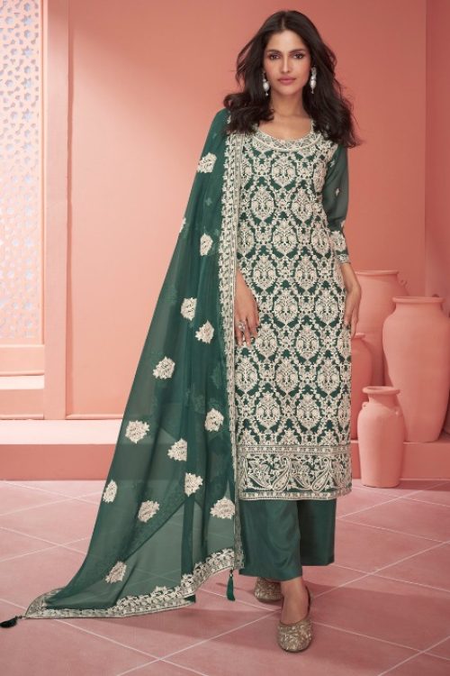 Green Embroidered Organza Silk Salwar Suit