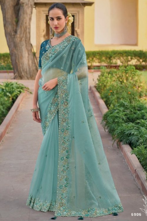 Blue Tissue Organza Cut Work Designer Saree