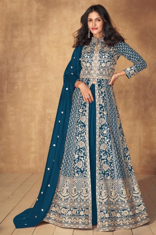 Teal Sequin & Thread Front Cut Wedding Anarkali