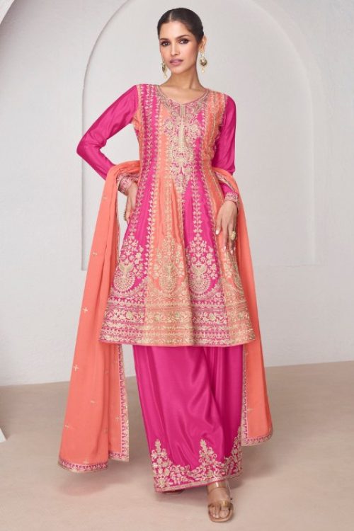 Orange & Pink Chinon Silk Kalidar Kurti & Plazzo Set