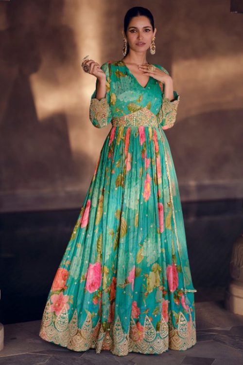 Green Floral Printed Georgette Designer Anarkali