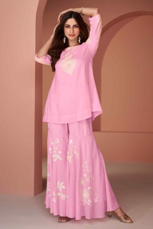 Pink Cotton Silk Minimal Sequin Kurti & Garara Set