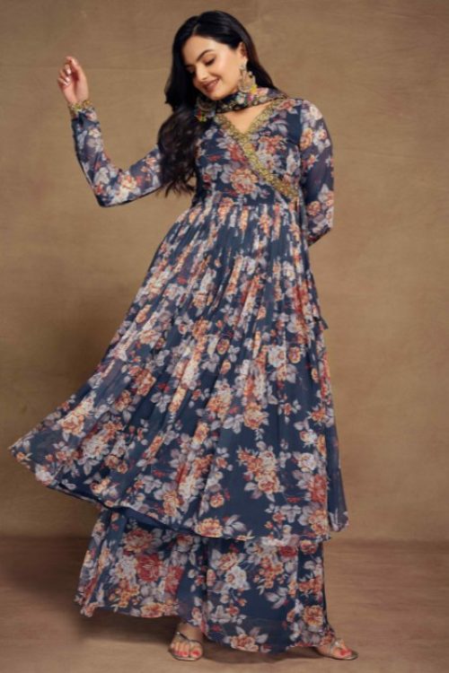 Blue Floral Printed Plazzo Kurti Set