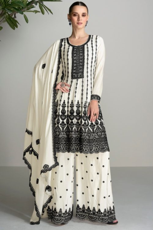 Ebony & Ivory Chinon Silk Plazzo Set with Scalloped Dupatta