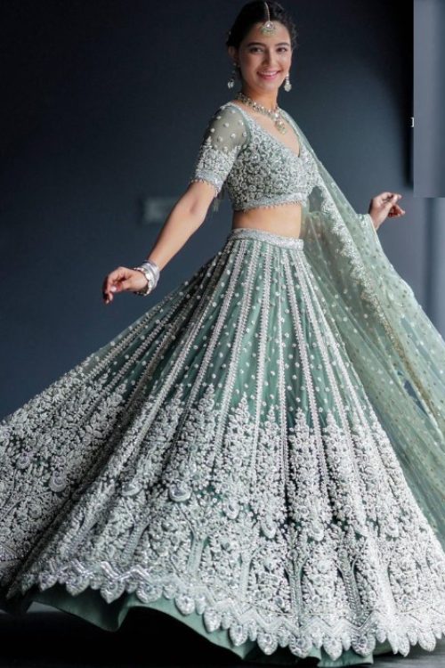 Cyan Engagement Wedding Net Embellished Lehenga Choli