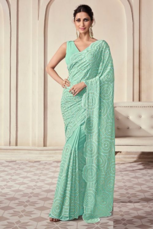 Sea Green Georgette Cut work Designer Party Wear Saree