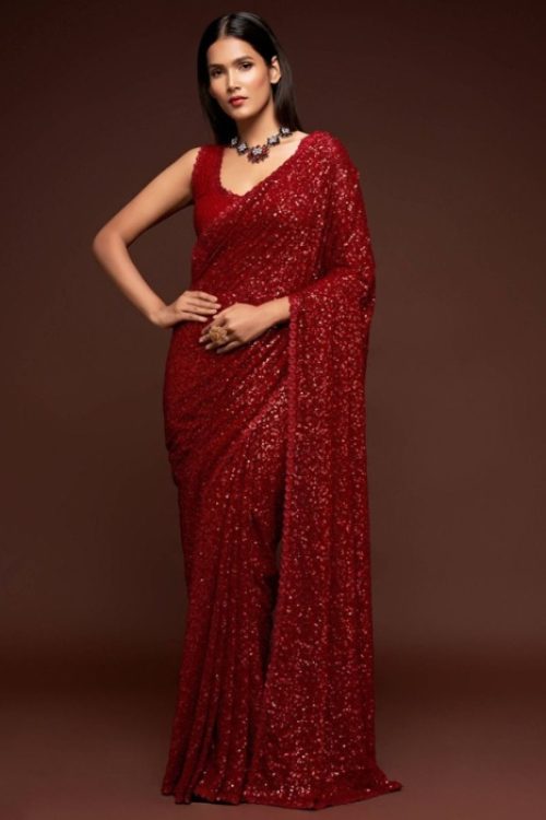 Red Valentines Day Sequin Georgette Saree for Woman