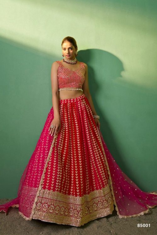 Pink & Red Sequined Kalidar Sequinned Lehenga Choli