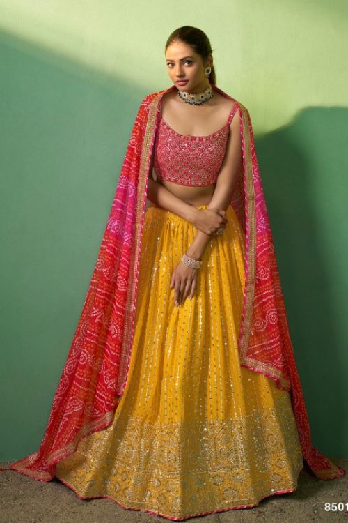 Yellow Sequin Haldi Special Georgette Lehenga Choli