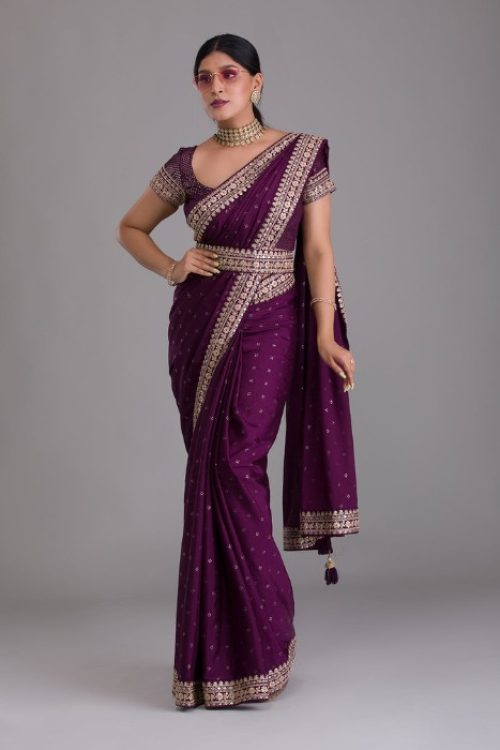 Wine Sequin Border Art Silk Designer Saree