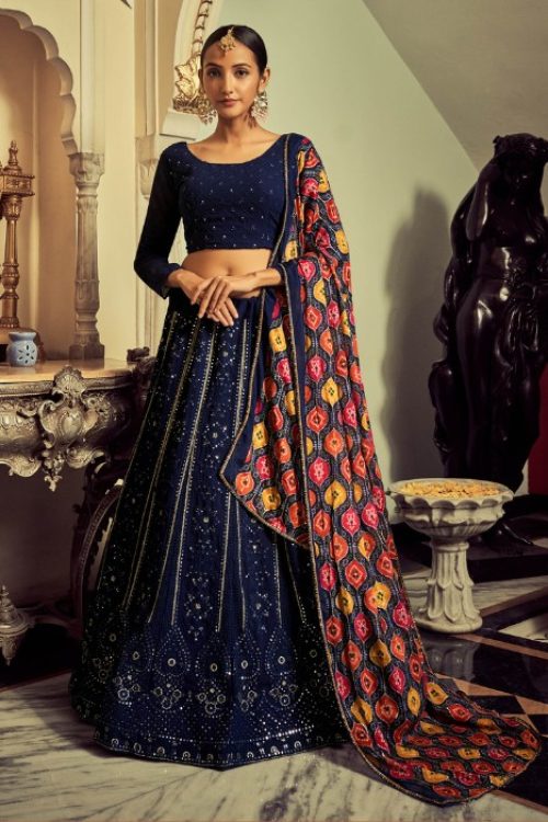 Navy Blue Party Wear Georgette Sequin Lehenga & Bandhej DUpatta