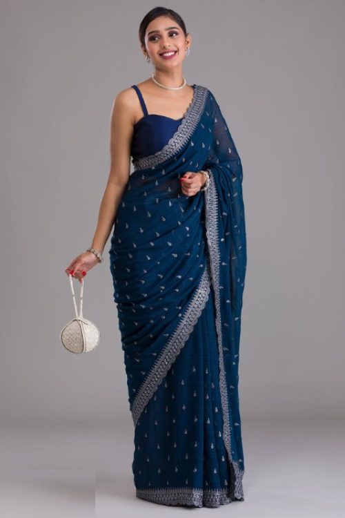 Teal Sequin Border Chiffon Designer Saree