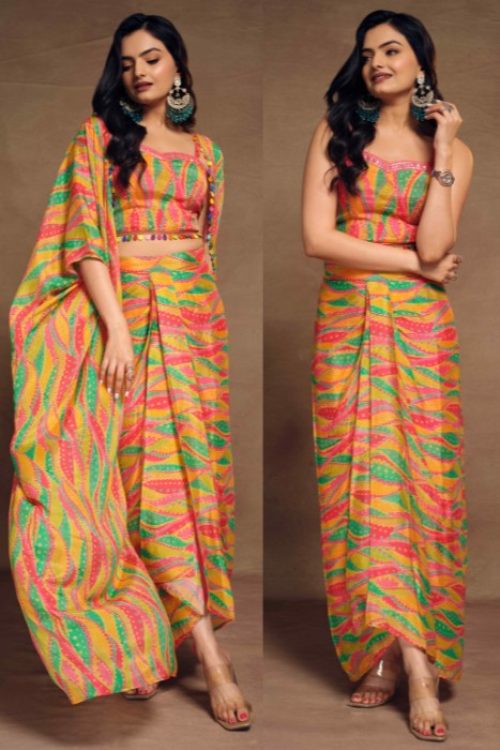 Multi Color Chinon Printed Draped Dhoti & Crop Top Set