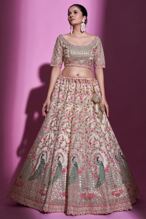 Woman’s Cream Wedding Net Embellished Lehenga Choli