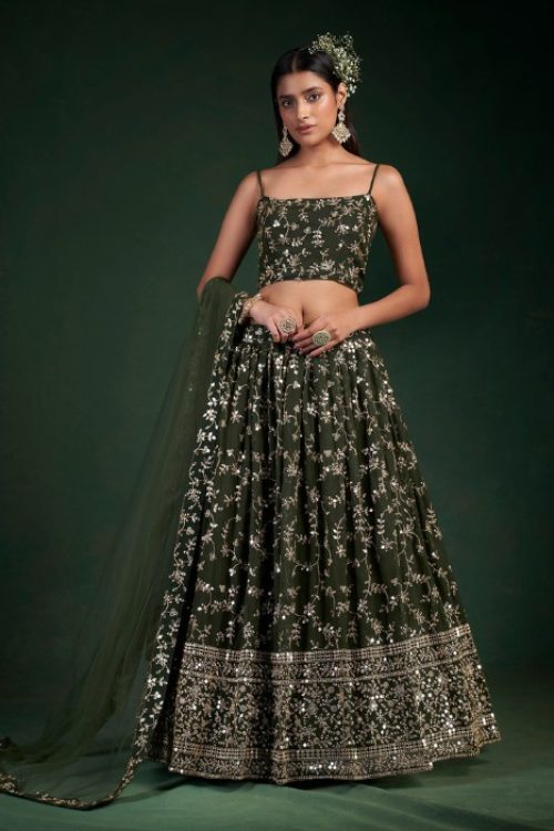 Olive Green Sequin & Zari Flared Lehenga Choli