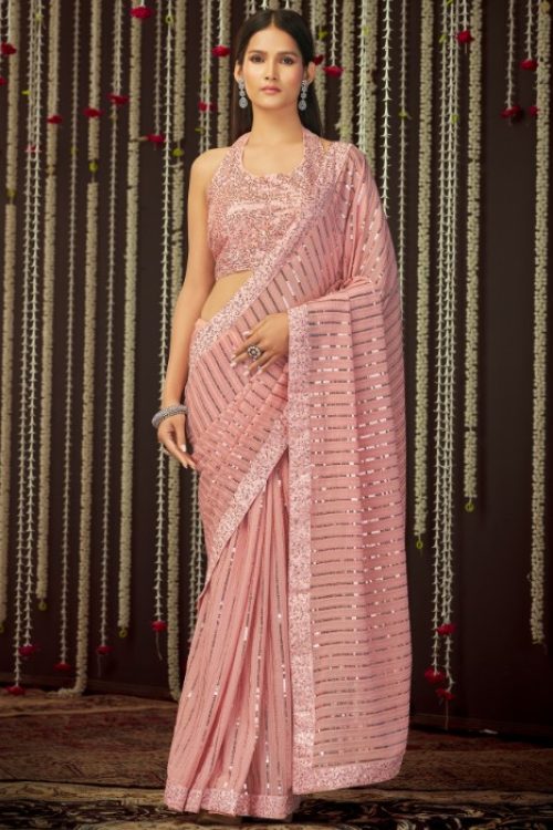 Baby Pink Designer Sequin Styled Georgette Saree