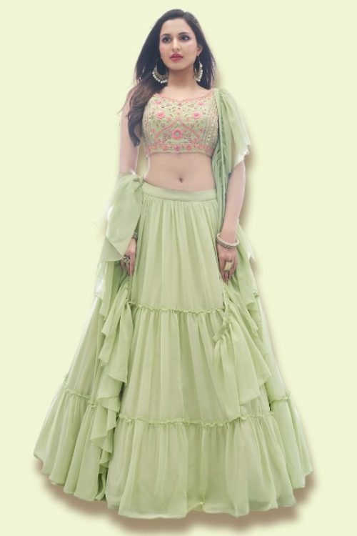 Georgette Pista Georgette Layered Lehenga with Mirror Choli