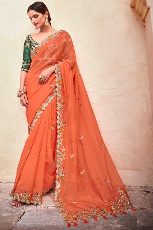 Orange Cut work Handwork Border Organza Saree