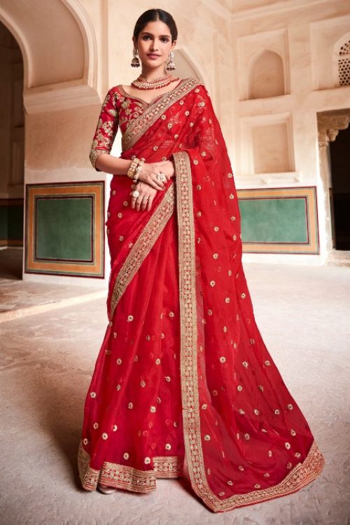 Red Minimal Sequin Designer Organza Saree