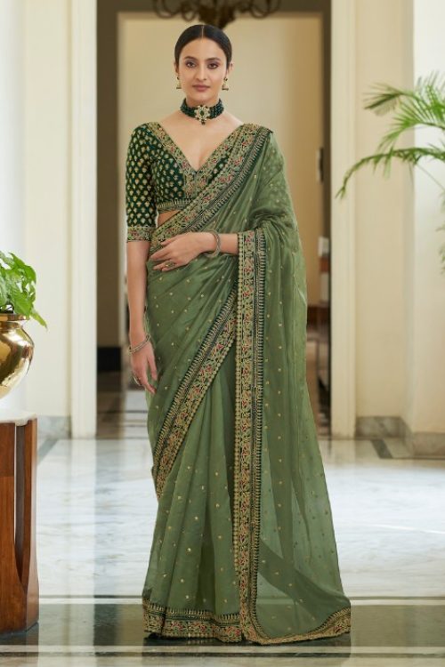 Olive Green V Neck Designer Blouse Organza Saree