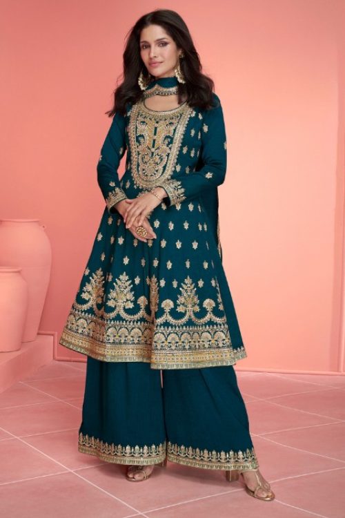 Designer Teal Silk Flared Plazzo Suit Set