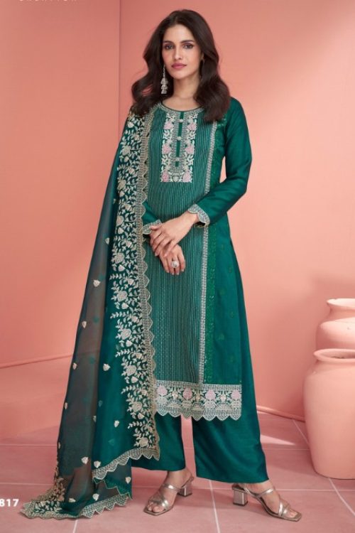 Green Silk Straight Suit with Scalloped Organza Dupatta