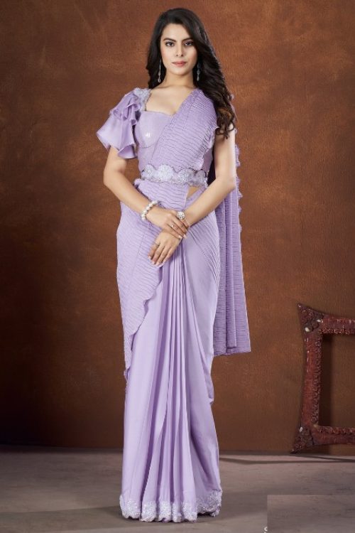 Lavender Crepe Satin Crushed Sequin Ready Made Sari