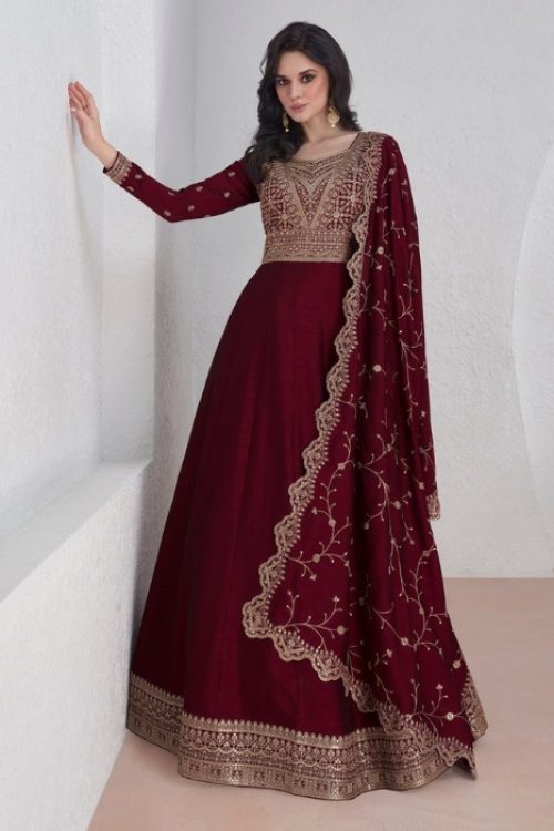 Deep Red Minimal Silk Sequin Anarkali