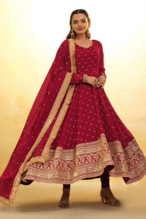 Red Sequin Border Designer Flared Anarkali Suit