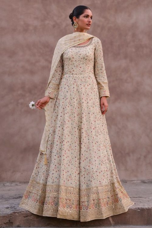 Off White Georgette Embellished Designer Wedding Anarkali